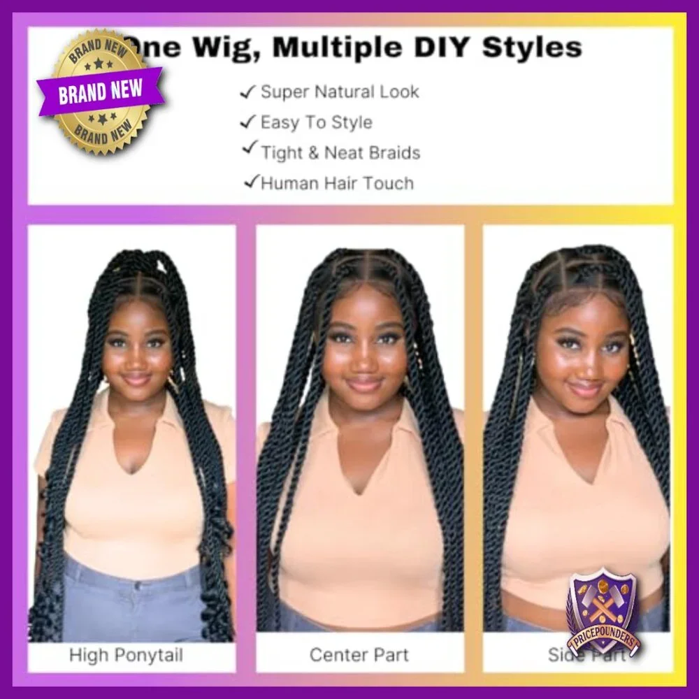36" Full Lace Knotless Jumbo Twist Braided Wig, Synthetic, Pre-Plucked - Picture 4 of 6